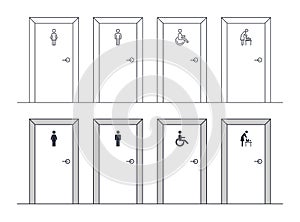 Male female disabled restroom, parenting room. Vector illustration of toilet doors with icons of disabled man woman, mother and