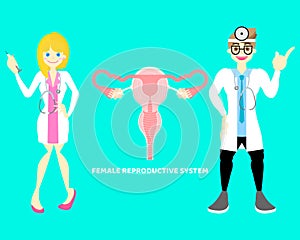 Male and female doctor with female reproductive system, internal organs anatomy body part nervous system