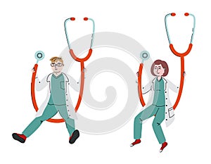 Male and female doctors swing on stethoscope.