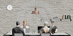Male and female employees in a modern workplace. Desk work. Colleagues. Businessmen using laptop computers. Finance and Marketing