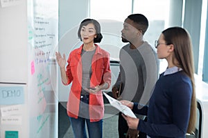 Male and female executives discussing on whiteboard