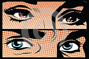 Male and female eyes close-up pop art retro