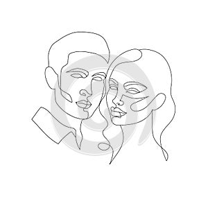 Male and female face with a black line on a white background.