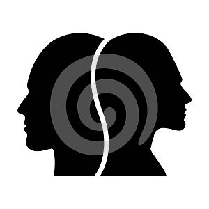 Male and female face profile silhouette vector icon in a glyph pictogram
