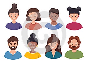 male and female faces avatars. flat style vector icons set happy people