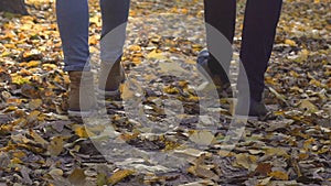 Male and female feet slowly walking park in autumn leaves, morning stroll, date