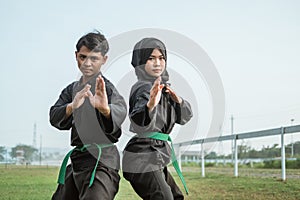 Male and female fighters wearing pencak silat uniforms perform side stances