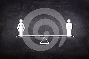 Male and female figure icon symbols balancing on seesaw or balance scales on chalkboard.