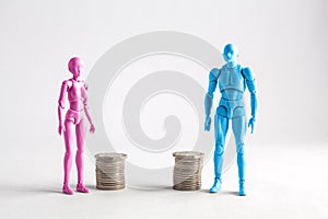 Male and female figurines standing next to equal piles of coins.