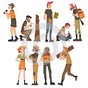 Male and Female Forest Rangers Working in Forest Set, National Park Service Employee Characters in Uniform Cartoon Style