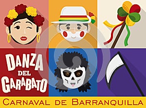 Male and Female Garabatos Characters and Death for Barranquilla`s Carnival, Vector Illustration