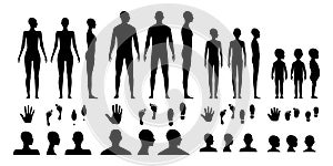 Male, female, gender neutral and a toddler human body silhouettes. Anonymous avatars of an adult's man and a woman
