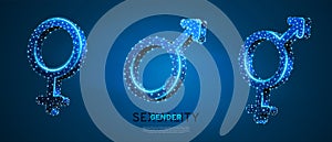 Male and female gender symbol set. Wireframe digital 3d vector illustration. Low poly, men and women, hetero-sexuality photo