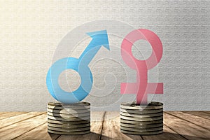Male and female gender symbol on stack of coins with same height
