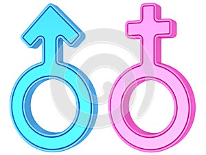 Male and female gender symbols of blue and pink colors on white