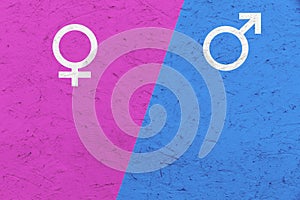 Male and female gender symbols Mars and Venus signs over pink and blue background