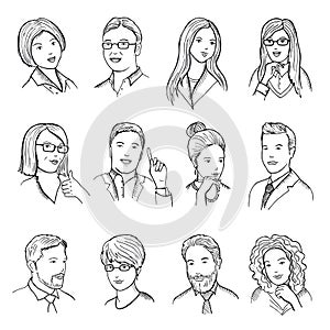 Male and female hand drawn illustrations for pictograms or web avatars. Different business faces with funny emotions