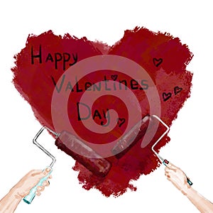 Male and female hand with paint rollers draws a heart with the inscription Happy Valentines Day.