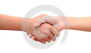 male and female hand united handshake on isolated white background