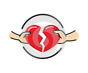 Male and female hands with broken red heart. Breakup heart concept. Crisis relationship divorce. Unhappy love, conflict. Vector