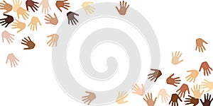 Male and female hands of different skin color vector illustration. Volunteering