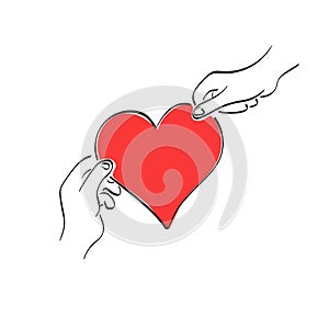 Male and female hands holding big red heart illustration vector hand drawn isolated on white background line art