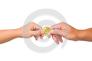 Male and female hands holding bitcoin crypto currency on white background. Business finance and investment concept