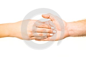 Male and female hands holding on white background