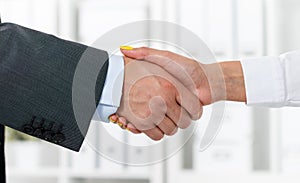 Male and female handshake in office