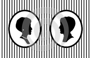 Male and female head portraits in frames on the wall with jewelry profile silhouettes, vector