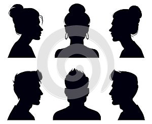 Male and female head silhouettes. People profile and full face portraits, anonymous shadow portraits vector illustration