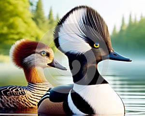 Male Female Hooded Merganser Colorful Multi-colored Plumage Swimming Marsh Waterfowl Springtime Morning Sunrise AI Generated