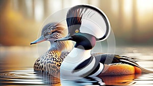 Male Female Hooded Merganser Colorful Multi-colored Plumage Swimming Marsh Waterfowl Springtime Morning Sunrise AI Generated