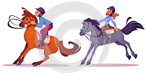 Male and female horse rider in helmet and uniforms