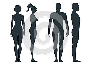 Male and female human character, people man woman front and view side body silhouette, isolated on white, flat vector illustration