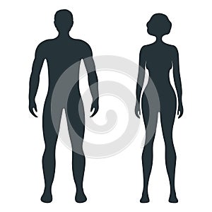Male and female human character, people man woman front and view side body silhouette, isolated on white, flat vector illustration