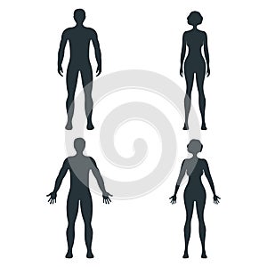 Male and female human character, people man woman front and view side body silhouette, isolated on white, flat vector illustration