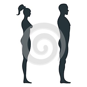 Male and female human character, people man woman view side body silhouette, isolated on white, flat vector illustration. Black