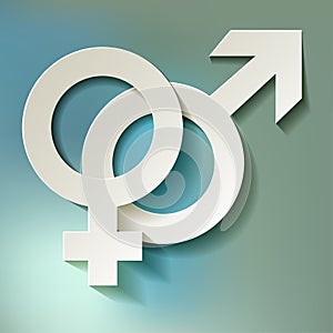 Male and female icon - Venus and Mars vector symbol with shadow on a blue bokeh background.