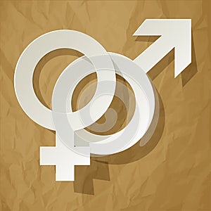 Male and female icon - Venus and Mars vector symbol with shadow on a crumpled paper brown background.