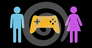 Male and female icons flank a central game controller icon