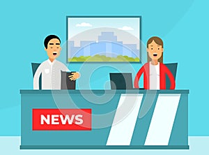 Male and Female Journalist Conducting Interview on Television Broadcast Reporting News and Information Vector