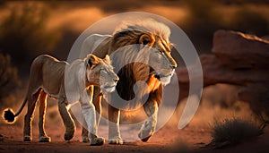 A male and female lion walking together viewed from the side in the savanna in Africa, generative AI