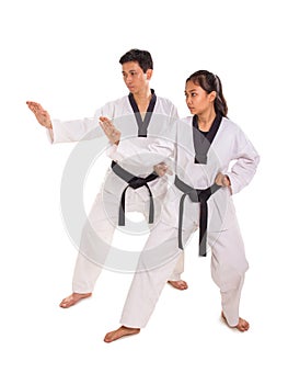 Male and female martial art practitioners perform strike move