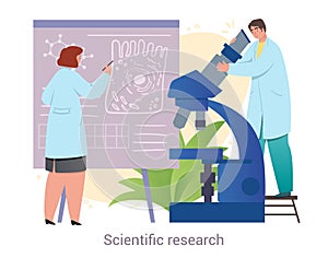 Male and female medical workers are conducting scientific research together on white background