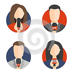 Male and female newsreader avatar vector icons on white background