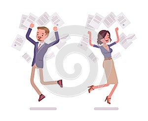 Male and female office secretary happy throwing papers