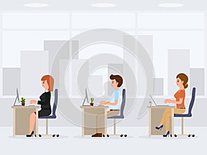 Male and female office workers at the desk. Young working clerks cartoon character.
