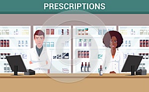 Male And Female Pharmacists Standing in front of Pharmacy Counter premium Vector