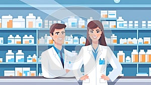 Male and female pharmacists standing in pharmacy drugstore, cartoon vector illustration. Generative AI